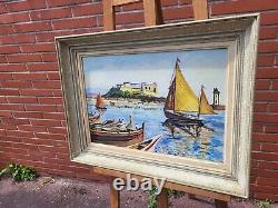 Table Signed Marty. Landscape Marin Boats. Oil Painting On Wood Panel