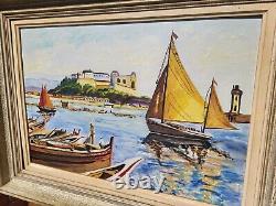 Table Signed Marty. Landscape Marin Boats. Oil Painting On Wood Panel