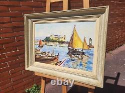 Table Signed Marty. Landscape Marin Boats. Oil Painting On Wood Panel