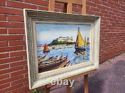 Table Signed Marty. Landscape Marin Boats. Oil Painting On Wood Panel