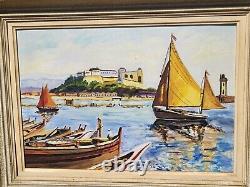 Table Signed Marty. Landscape Marin Boats. Oil Painting On Wood Panel