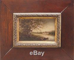 Table XIX Century Barque With Fisherman On River Bank + Frame