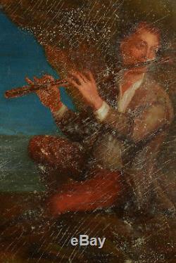 Tableau Ancien 18 Th Portrait Of A Musician Man With Rembrandt Flute Grimou