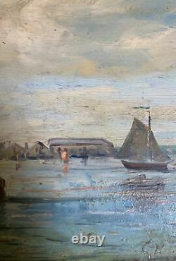 Tableau Ancien Marine Port Bateau Impressionist Signed Roux