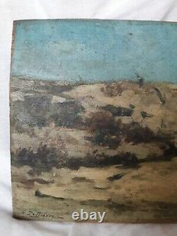 Tableau Ancienne Oil Impressioniste XIX Signed Marine Landscape Beach To Restore