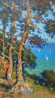 Tableau De Louis Sola (1928-2011) Marine By Sea With Pines