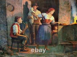 'Tableau of the wood-fired oven genre scene family signed Bernardo Biancale Realism'