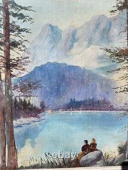 Tableau signed ANDREA VOGLER Lakeside Animated Oil Painting on Wood Panel