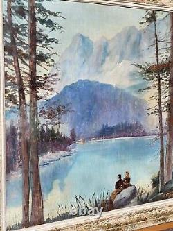 Tableau signed ANDREA VOGLER Lakeside Animated Oil Painting on Wood Panel