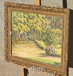 Tableau signed FRANÇOIS SURGET View of Garden Oil painting on isorel panel