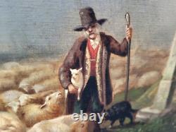 Tableau signed Frightened Sheep by the Storm Oil painting on wood panel