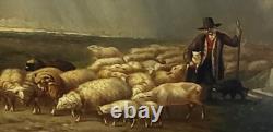 Tableau signed Frightened Sheep by the Storm Oil painting on wood panel
