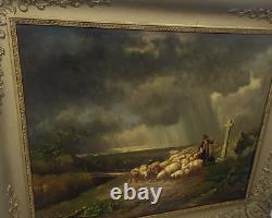 Tableau signed Frightened Sheep by the Storm Oil painting on wood panel