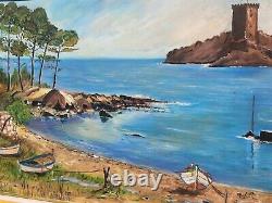 Tableau signed MONTOYA. Seascape with Boats. Oil Painting on Isorel Panel.