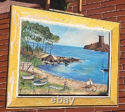 Tableau signed MONTOYA. Seascape with Boats. Oil Painting on Isorel Panel.