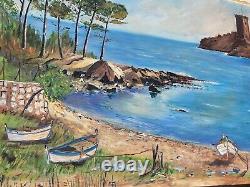 Tableau signed MONTOYA. Seascape with Boats. Oil Painting on Isorel Panel.