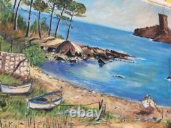 Tableau signed MONTOYA. Seascape with Boats. Oil Painting on Isorel Panel.