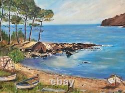 Tableau signed MONTOYA. Seascape with Boats. Oil Painting on Isorel Panel.