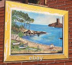 Tableau signed MONTOYA. Seascape with Boats. Oil Painting on Isorel Panel.