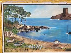 Tableau signed MONTOYA. Seascape with Boats. Oil Painting on Isorel Panel.