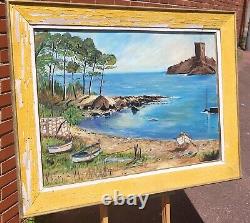 Tableau signed MONTOYA. Seascape with Boats. Oil Painting on Isorel Panel.