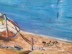 Tableau signed MONTOYA. Seascape with Boats. Oil Painting on Isorel Panel.