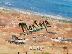 Tableau signed MONTOYA. Seascape with Boats. Oil Painting on Isorel Panel.