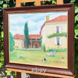 Tableau signed RENÉ BESSET Animated Landscape Oil Painting on Wood Panel