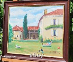 Tableau signed RENÉ BESSET Animated Landscape Oil Painting on Wood Panel