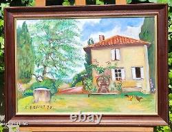 Tableau signed RENE BESSET. Animated Landscape. Oil Painting on Wooden Panel.