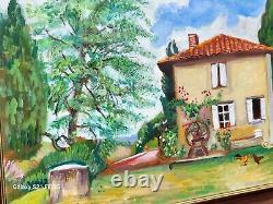 Tableau signed RENE BESSET. Animated Landscape. Oil Painting on Wooden Panel.