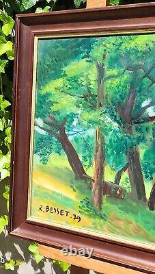 Tableau signed RENE BESSET Landscape Underwood Oil Painting on Wood Panel