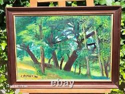Tableau signed RENE BESSET Landscape Underwood Oil Painting on Wood Panel