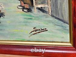 Tableau signed SANCHEZ: Animated Landscape Painting in Oil on Wood Panel