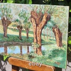Tableau signed by Augustin BRIDOUX Landscape River. Oil painting on wooden panel