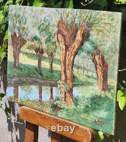 Tableau signed by Augustin BRIDOUX Landscape River. Oil painting on wooden panel