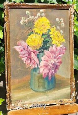 Tableau signed by CAUD. Bouquet of Flowers. Oil Painting on Wood Panel.