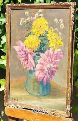 Tableau signed by CAUD. Bouquet of Flowers. Oil Painting on Wood Panel.