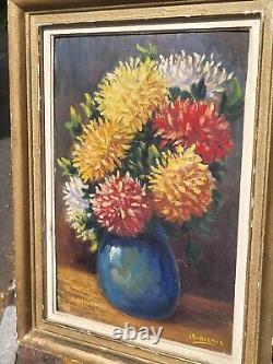 Tableau signed by MICHEL DELMAS Bouquet of Flowers Oil painting on wood panel