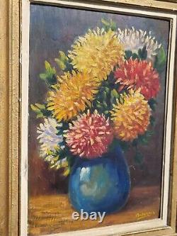 Tableau signed by MICHEL DELMAS Bouquet of Flowers Oil painting on wood panel