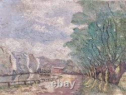 Tableau signed by Pierre Clément: Landscape in the Woods by the Lake. Oil painting on canvas.