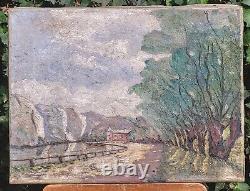 Tableau signed by Pierre Clément: Landscape in the Woods by the Lake. Oil painting on canvas.