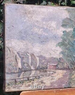 Tableau signed by Pierre Clément: Landscape in the Woods by the Lake. Oil painting on canvas.