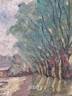 Tableau signed by Pierre Clément: Landscape in the Woods by the Lake. Oil painting on canvas.