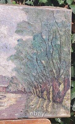 Tableau signed by Pierre Clément: Landscape in the Woods by the Lake. Oil painting on canvas.
