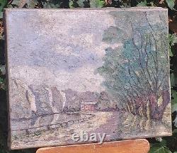 Tableau signed by Pierre Clément: Landscape in the Woods by the Lake. Oil painting on canvas.
