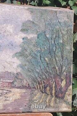 Tableau signed by Pierre Clément: Landscape in the Woods by the Lake. Oil painting on canvas.