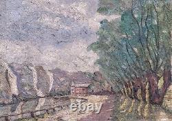 Tableau signed by Pierre Clément: Landscape in the Woods by the Lake. Oil painting on canvas.