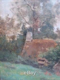 Thatched Cottage At The Water's Edge Barbizon Oil Wood-table Ancient Bizeaute 1880