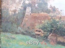 Thatched Cottage At The Water's Edge Barbizon Oil Wood-table Ancient Bizeaute 1880